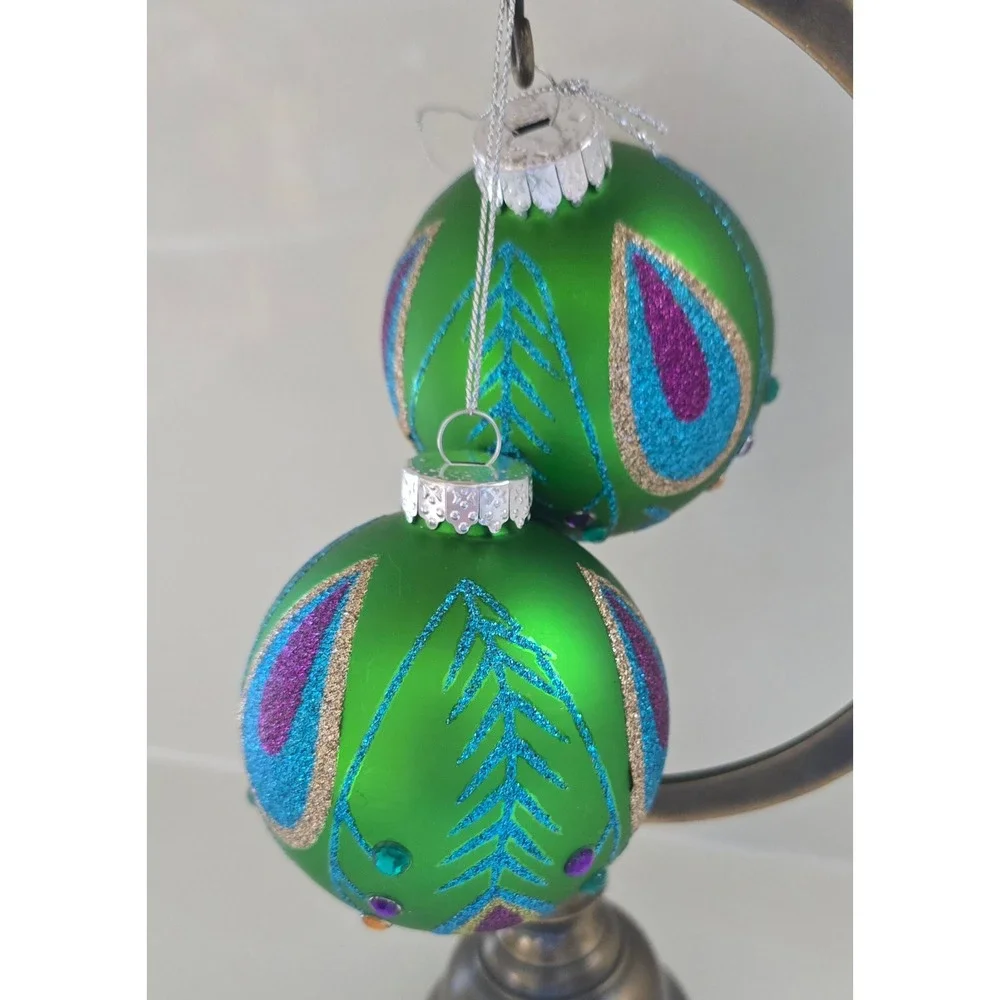 New Kurt Adler Peacock Feather Glass Christmas Ornaments Rhinestone Set of 2